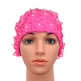 Medifier Damen Badekappe mit hohlen Blumen und Perlen, von Hand genäht, Rosarot
