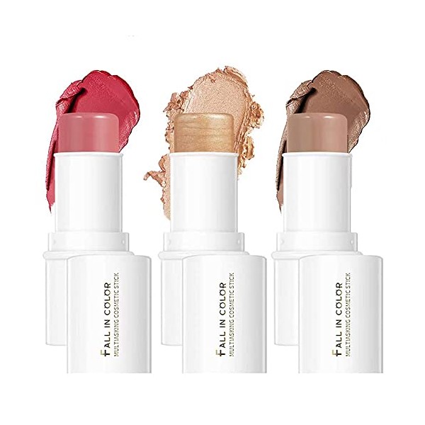 Mysense Contour Stick,Blush Stick,Highlight Stick,3 In 1 Set for Cheeks&Lips,Face Foundation Makeup for Daily Wear- Shimmer Highlighter,Rose Blush & Contour Concealer
