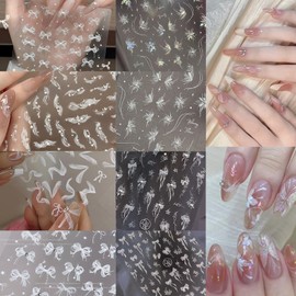 Set of 8 Nail Stickers, Ribbons, Nail Stickers, Ribbons and Butterflies, 3D Embossed Lace, White, Black, Red, Pink, Cute, Rhinestones, Ribbon, Nail Stickers, Transparent, Bowknots, Cute, Stylish,