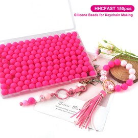 HHCFAST 150Pcs 15mm Silicone Beads, Silicone Beads for Keychain Making Bulk Silicone Beads for Bracelet Making Necklace Making and Round Silicone Beads for Pens（Hot Pink）