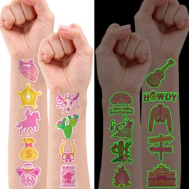 96 PCS Disco Western Cowgirl Pre-Cut Temporary Tattoos for Kids | Super Cute Themed Birthday Party Favors, Supplies, Decorations, Pink Fake Tattoo Stickers (Luminous)