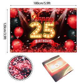 Happy 25th Birthday Banner Backdrop Red and Black 25 Years Old Background Bday Decorations for Women Men Photography Party Supplies Glitter