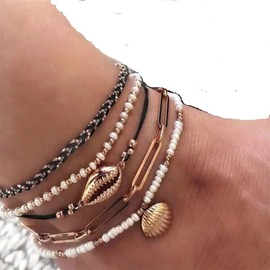 WSZJLN Multilayer Gold Shell Pendant Chain Anklet Leg Boho Pearl Bead Anklet for Women Summer Beach Foot Jewelry, Acrylic