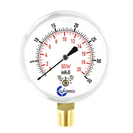 CARBO Instruments Diaphragm Low Pressure Capsule Gauge, 2-1/2" Dial, 0-20 oz/0-35in H2O Range, 1/4" NPT Lower Mount, Chrome Steel Case, Brass Internals, Adjustable, Dual Scale 20 oz/35 inH2O (IWC)