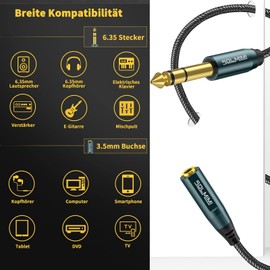 SOLMIMI 3.5 mm Jack to 6.35 mm Jack Adapter, TRS 6.3 Male to 3.5 Female Stereo Audio Jack Adapter Cable with Nylon Braided & 24K Gold-Plated for Amplifier, Headphones, Speakers, 1.2 m