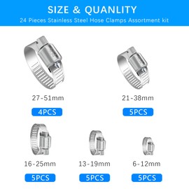 YUCDXVF 24PCS Adjustable Stainless Steel Hose Clamps, 1/4“-2” (6-51mm) Stainless Steel Hose Clamp Assortment Kit Our Hose Clamps Are Used For Home, Garden and Automotive Hose Connections