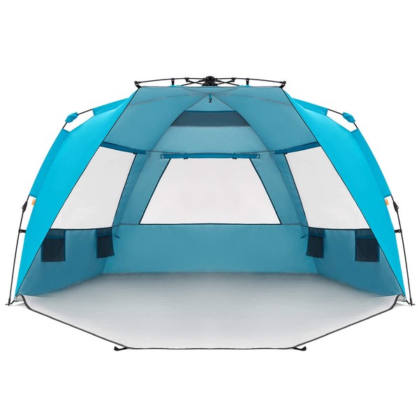 Easthills Outdoors Instant Shader Enhanced Deluxe XL Beach Tent Easy Set Up 4-6 Person Popup Sun Shelter 99" Wide for Family UPF 50+ Double Silver Coating with Extended Zippered Floor Pacific Blue
