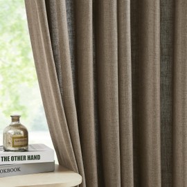Central Park Linen Grommet Semi Sheer Curtain Panel 108 Inches Long for Living Room, Flax Linen Blended Farmhouse Rustic Light Filtering Window Treatment Drape for Bedroom, Café Brown, 58"x108"x2