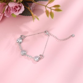 Qings 3 Heart Moissanite Birthstone Bracelet for Women Sterling Silver 925 April Infinity Symbol Adjustable Link Bracelets with Cubic Zirconia Charms Friendship Family Birthday Gifts for Girls Her