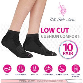 U.S. Polo Assn. 10 Pair Women's Athletic Performance Socks - Low Cut Moisture Control Running & Breathable Socks, BLK/WHT 7471 (Shoe Size 4-10)