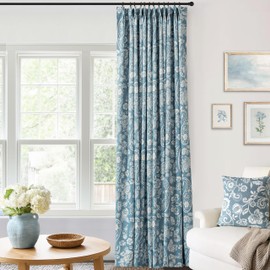 Pinch Pleated Blackout Curtains for Living Room Bedroom,96 Inch Long 2 Panel Set Coastal Cottage Farmhouse Dusty Light Blue Floral Patterned Black Out Window Treatments Pleat Drapes