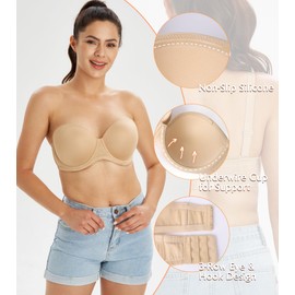 Lemorosy Women's Plus Size Strapless Bra Push Up Full Coverage Underwire Support Bra for Big Bust(Nude, 32DD)