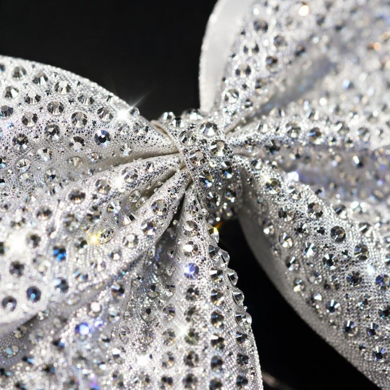 White Cheer Bow, Glitter Shimmer Shiny Rhinestones Cheerleading Hair Bow