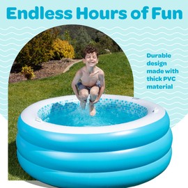 Inflatable Round Swimming Pool with Blow Up Padded Floor, Cup Holder, Handles and Drain - 60"x22" Deep Round Large Kiddie Pool Perfect for Adults and Kids Ages 4 5 6 7 8+
