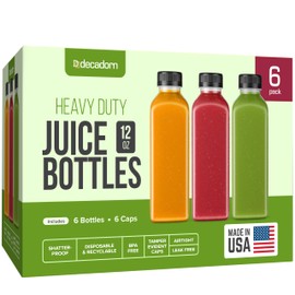 DECADORN 12 oz Plastic Juice Bottles With Caps - 6 Pack MADE IN USA Juicing Bottles Reusable - Juice Container For Fridge - Shatterproof, BPA-Free, Leak proof, Disposable & Recyclable