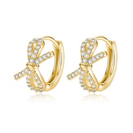 SLUYNZ Sterling Silver CZ Bow Hoop earrings for Women Teen Girls Small Bowknot Hoop Earrings Huggie (B-Gold)