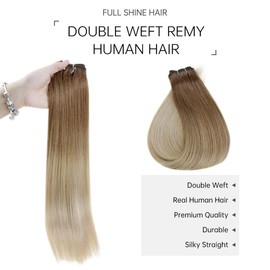 Full Shine Weft Remy Human Hair Extensions 20 Inch Hair Bundles Double Weft Extensions Balayage Hair Color 10 Fading to 14 Golden Blonde Weft Bundles 100 Grams Sew in Weave