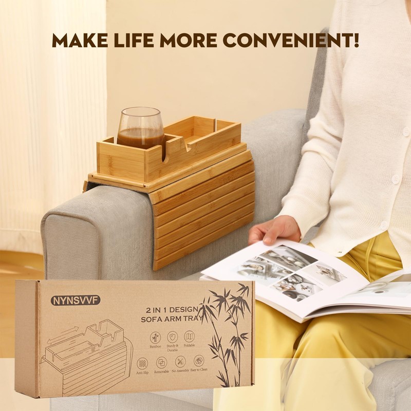 Bamboo Couch Arm Tray with Detachable Cup Holder, 2 in