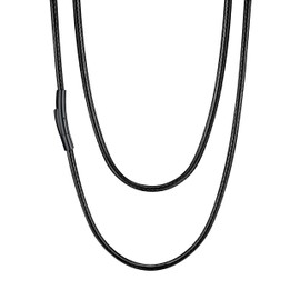 U7 Black Leather Cord Chain Necklace for Women Men 3MM Woven Wax Rope Chain with Black Snap Clasp for Pendant,Length 18 Inch