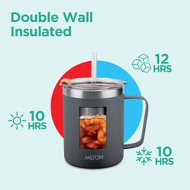 MILTON 14 Oz Travel Mugs for Hot Drinks with Straw, Vacuum Insulated Coffee Cup Flask with Lid, Double Walled, Stainless Steel, Keeps Drinks Hot or Cold for 10 Hours, Dishwasher Safe, Clifton 400