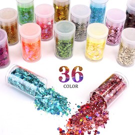 36 Colours Chunky Glitter Set, Chunky Sequins and Fine Glitter Powder, Iridescent Glitter Flakes, Cosmetic Make Up Glitter for Face, Body, Eyes, Nail Art, Chunky Glitter for Resin Epoxy