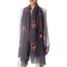 iB-iP Women's Floral Pattern Lightweight Embroidered Scarf, Warm grey