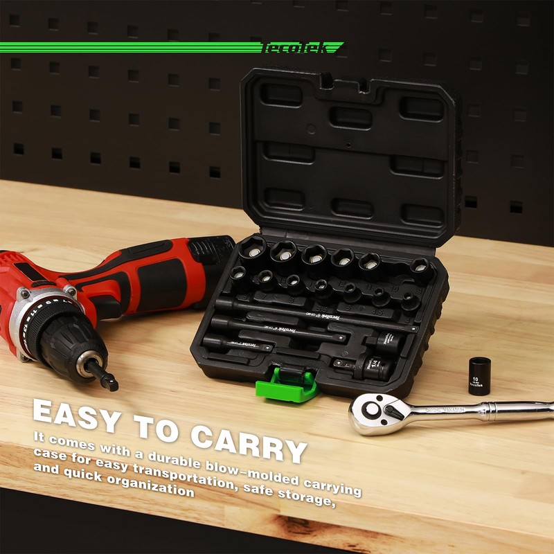 TecoTek 19-Piece 1/4" Drive Shallow Magnetic Impact Socket Set, Metric,