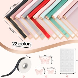 xunhewi 110 Sheets Gold Edge Flower Wrapping Paper Bouquet Packaging Paper Florist Bouquet Supplies for Wedding 3 Rolls Ribbon 36 Pcs 3D Butterflies DIY Craft Gift Packing （ 22 Colors ）