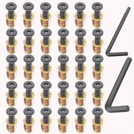 30 Sets 1/4-20 x 3/4" Furniture Screw Nut Threaded Inserts for Wood,1/4-20 x 19/32" Nut Threaded Wood Inserts Bolt Fastener Connector Hex Socket Drive Screw-in Nuts with Hex Spanner
