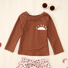 AFUKUIA Toddler Baby Boy Girl Swimsuit Long Sleeve Rashguard Swimwear Trunks 2 Piece Bathing Suit(Brown,1-2 Years)