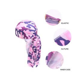 2PCS Camouflage Silky Durags for Men Women, Long Tail Durag 360 Waves Headwraps Cap Pirate Bandanas Turban (Pink + Blue)