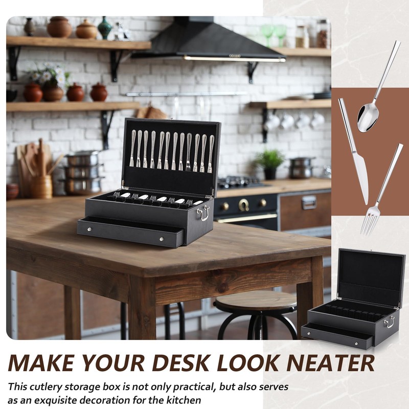 DoubleFill 2 Layer Leather Silverware Storage Box with Lid Drawer