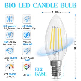 GvvooHome Candelabra Light Bulbs 40 watt, Chandelier Light Bulbs Non-Dimmable E12 LED Bulb, B10 Candle Light Bulbs 5000K Daylight, 90+CRI, 400LM, Cear Glass, 24 Pack