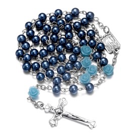 Rosary Beads Catholic for Women and Men, Rose Our Father Beads Saint Medal Cross Crucifix with Metal Box and 18pcs Prayer Cards - Blue