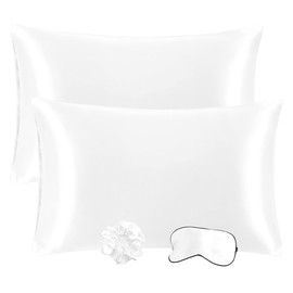PiccoCasa Satin Pillowcases for Hair and Skin with Eye Mask and Scrunchie Soft Pillowcase 2 Pack Envelope Closure Silky Bed Pillow Covers Set for Sleeping White 50 x 90cm