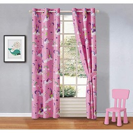 Kids Zone Home Linen Juego de cortinas de 2 paneles con ojales para niños, niñas, adolescentes, recámara, juego multicolor (unicornio arcoíris castillo nubes rosa púrpura blanco)