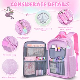 BYXEPA Girls Backpack, Glitter School Backpacks 16in for Girls, Cute Book Bag for Girl Kid Students Elementary School (Mermaid Pink)