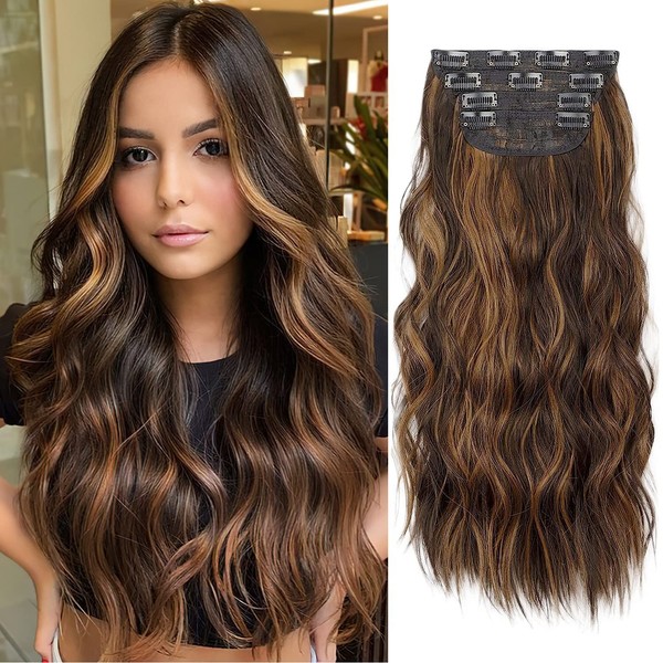 4PCS Brown Hair Extensions Clip in, Curly Synthetic Clip in Hair Extension, 20 Inches Long Hair Clip in Extensions for Women Wavy Hair Pieces for Full Head (Chestnut Brown mix Dark Yellow, 4pcs)