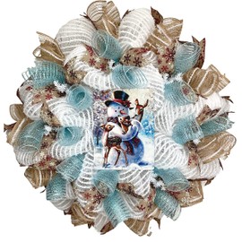 Cuddling Snowman Handmade Winter Wreath Deco Mesh