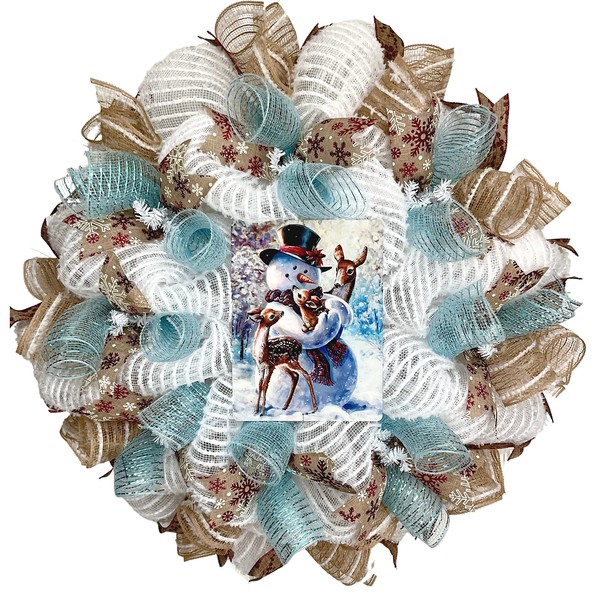 Cuddling Snowman Handmade Winter Wreath Deco Mesh