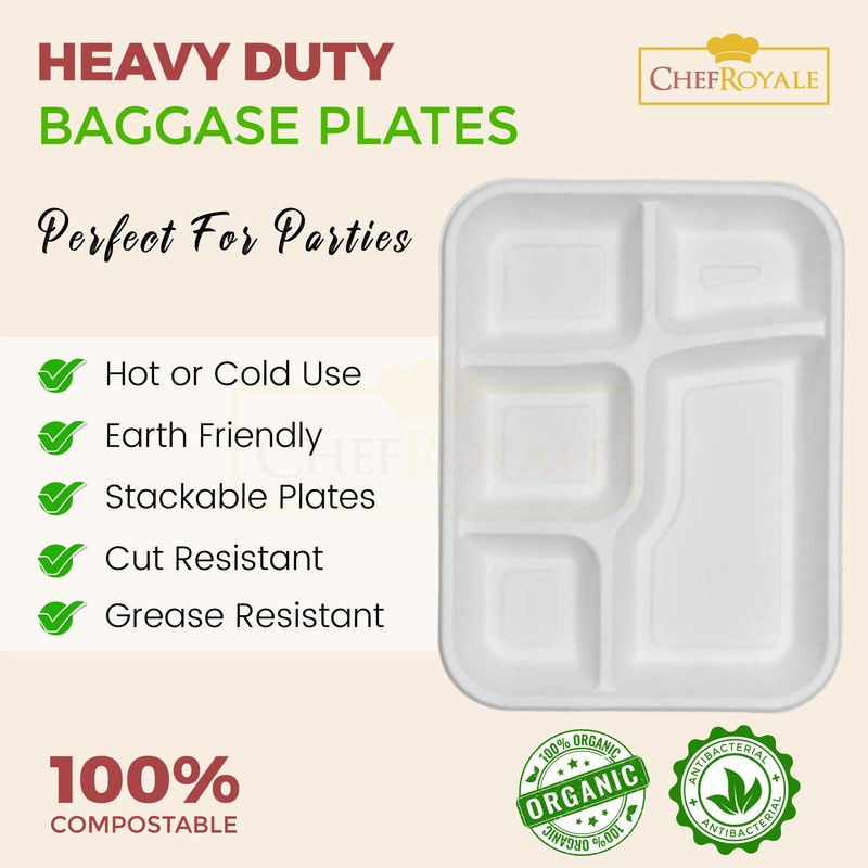 Chef Royale 10x Disposable Bagasse Sugarcane Plates, 5CP Large White
