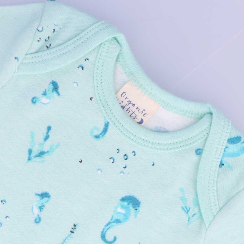 Organic Cotton Summer Baby Onesie - Seahorses Teal, 0-3 MTHS