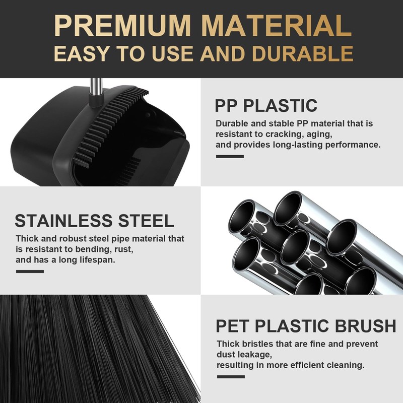Upgraded Broom and Dustpan Set, Black Large Broom with Dustpan