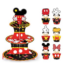 Cute Mouse Cupcake Stand, Large 3-Tier Cartoon Cupcake Holder for Birthday Party Decorations (Red)