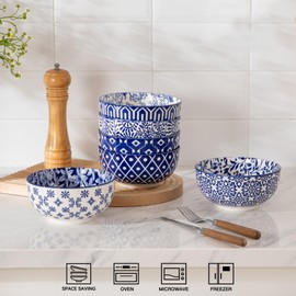 Sweejar Ceramic Cereal Bowls Set, 29 Oz Soup Bowls Microwave & Dishwasher Safe, 6.1 Inch Deep Porcelain Serving Bowls for Kitchen, Fruit, Ramen, Salad, Pasta, Set of 6(Vintage Blue)