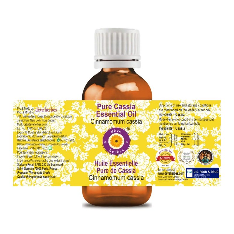 Deve Herbes Pure Cassia Essential Oil (Cinnamomum cassia) Natural Therapeutic