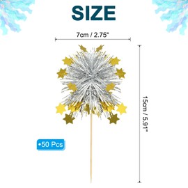PATIKIL Firework Cupcake Toppers, 50 Pcs Sparkle Tinsel Star Cupcake Picks Birthday Party Graduation Wedding Foil Decor Cocktail Food Fruit Toothpicks Christmas, Silver