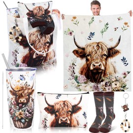 JolliKids 7 Pcs Western Highland Cow Gifts for Women Cow Print Throw Blanket with Highlandcow 20 oz Stainless Steel Tumbler Canvas Bag Socks Keychain for Cows Lovers Gift