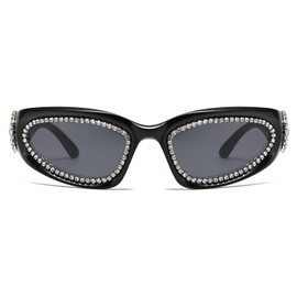 LJCZKA Y2K Wrap Around Rhinestone Sunglasses for Men Women Trendy Diamond Oval Sun Glasses Vintage Bling Punk Shield Shades UV400 Protection (Black Grey)