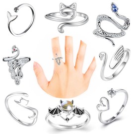 Knitting Rings, 8 Pcs Silver Metal Adjustable Crochet Knitting Tools for Hand Weaving, Hook Line Supplies, with Animal Shape Open Finger Ring (8 Styles)